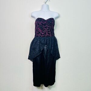 Samantha Black Vintage 80’S Velvet Pink Black Strapless Lace Peplum Prom Dress 8